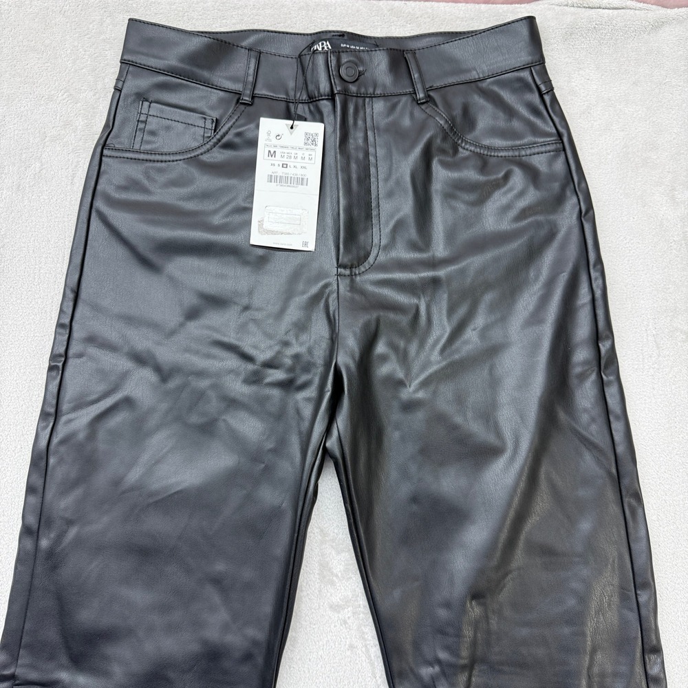 Zara Pants Women's Medium Faux Leather Black High Waisted Straight Leg Edgy Chic - Picture 2 of 12